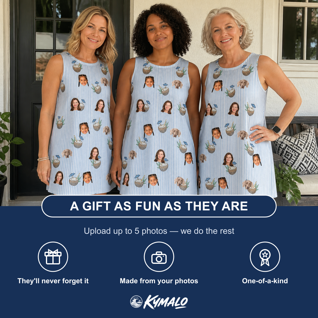 Friends in matching Women's Rum Reverie Custom Face Tank Dress — a group gift photo