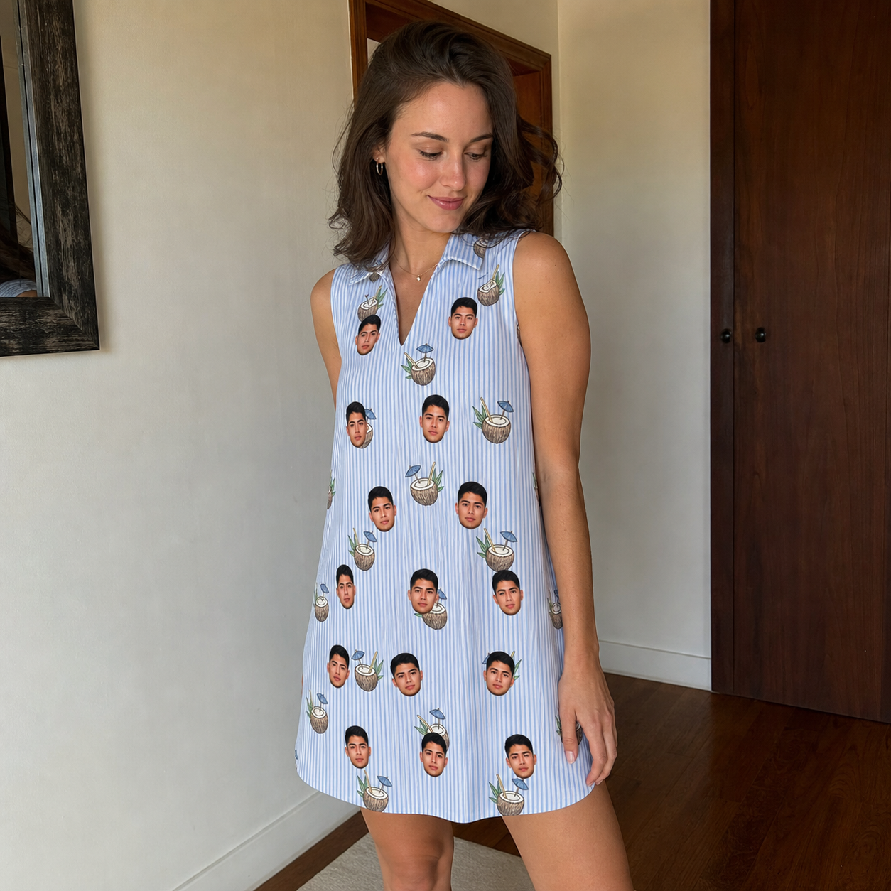 Real-life photo of someone wearing Women's Rum Reverie Custom Face V-Neck Dress — custom faces printed all-over