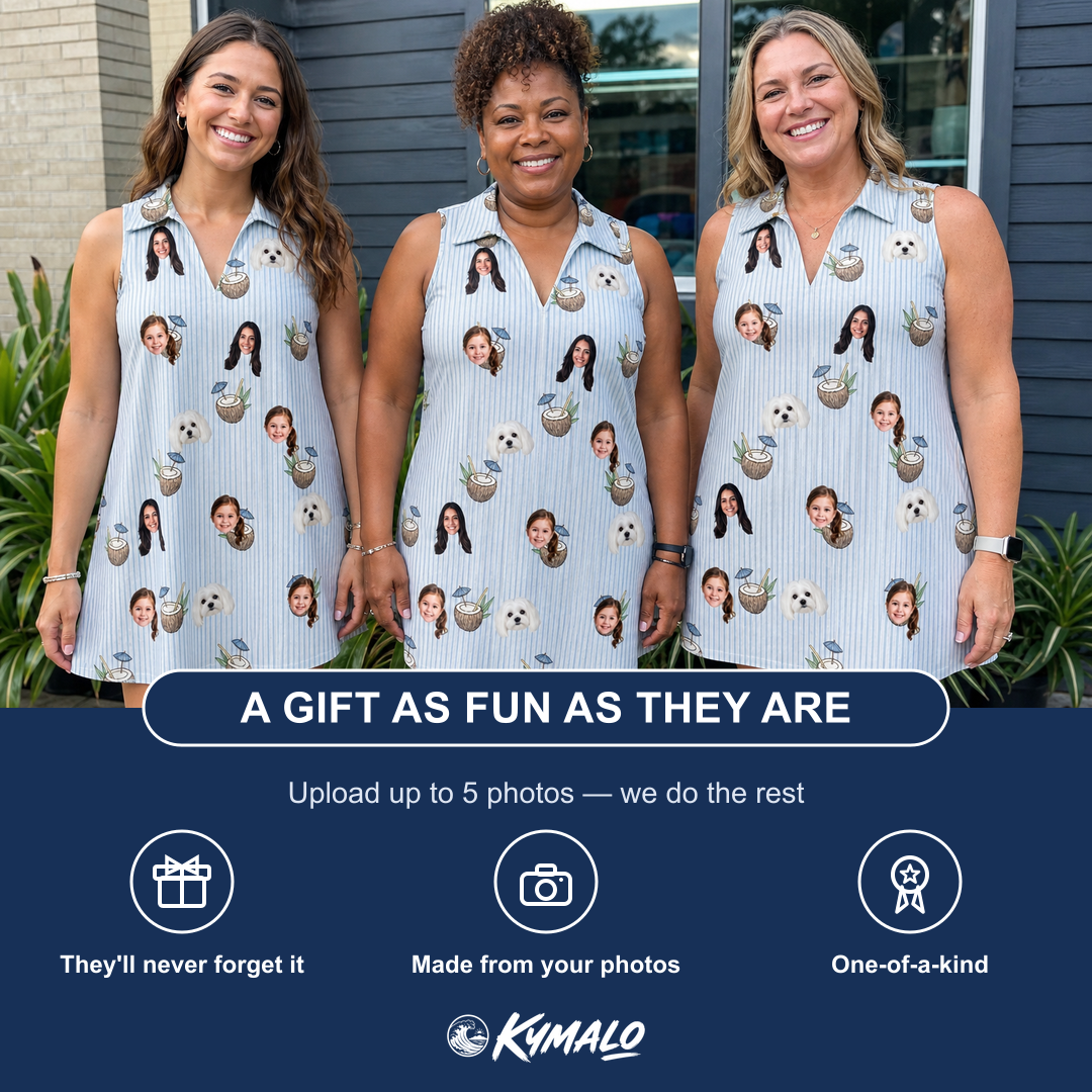 Friends in matching Women's Rum Reverie Custom Face V-Neck Dress — a group gift photo