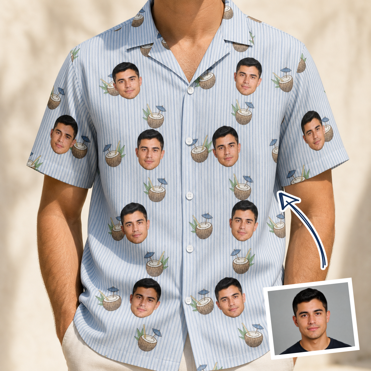 Man wearing Men's Rum Reverie Custom Face Hawaiian Shirt — custom faces printed all-over