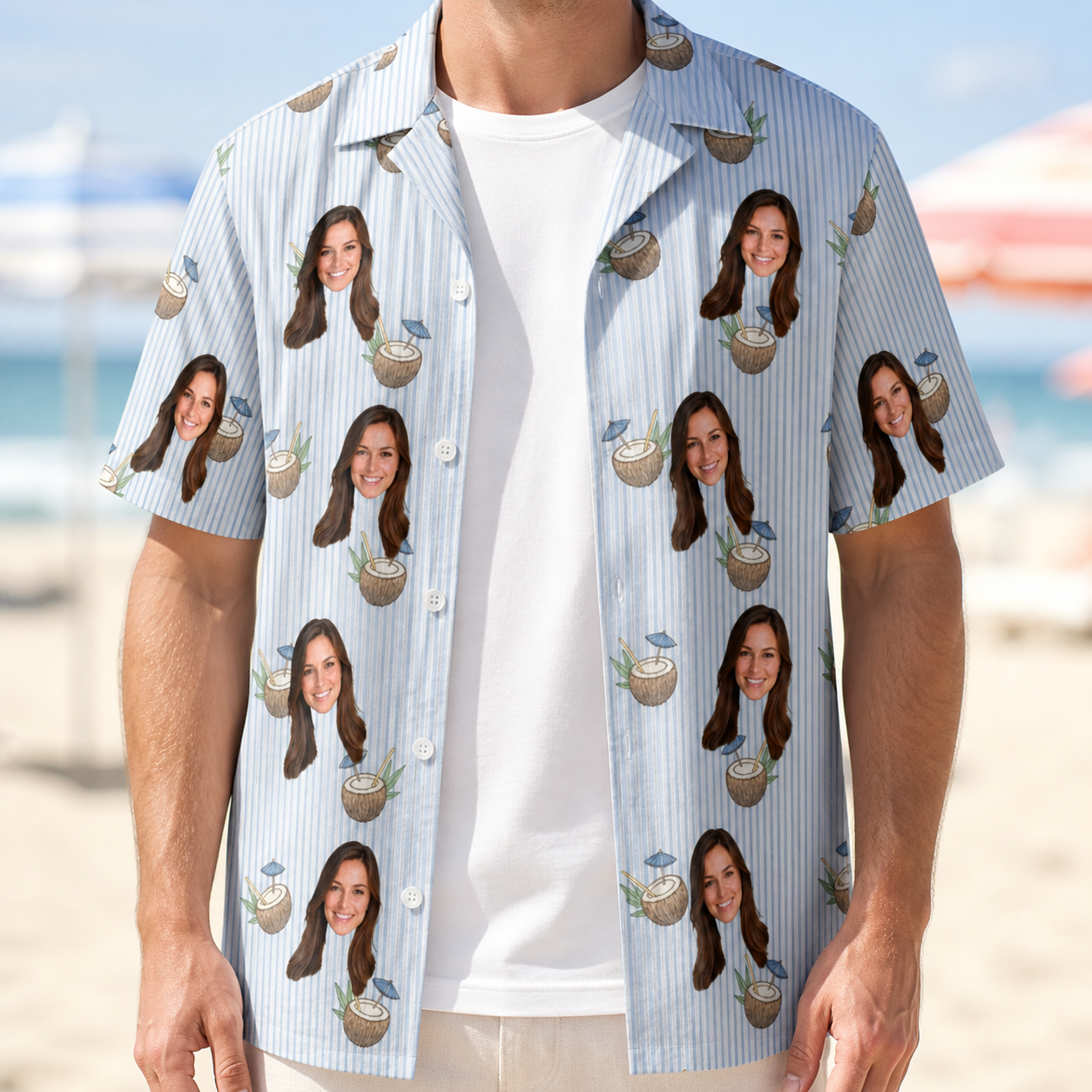 Man wearing Men's Rum Reverie Custom Face Hawaiian Shirt open over a white tee