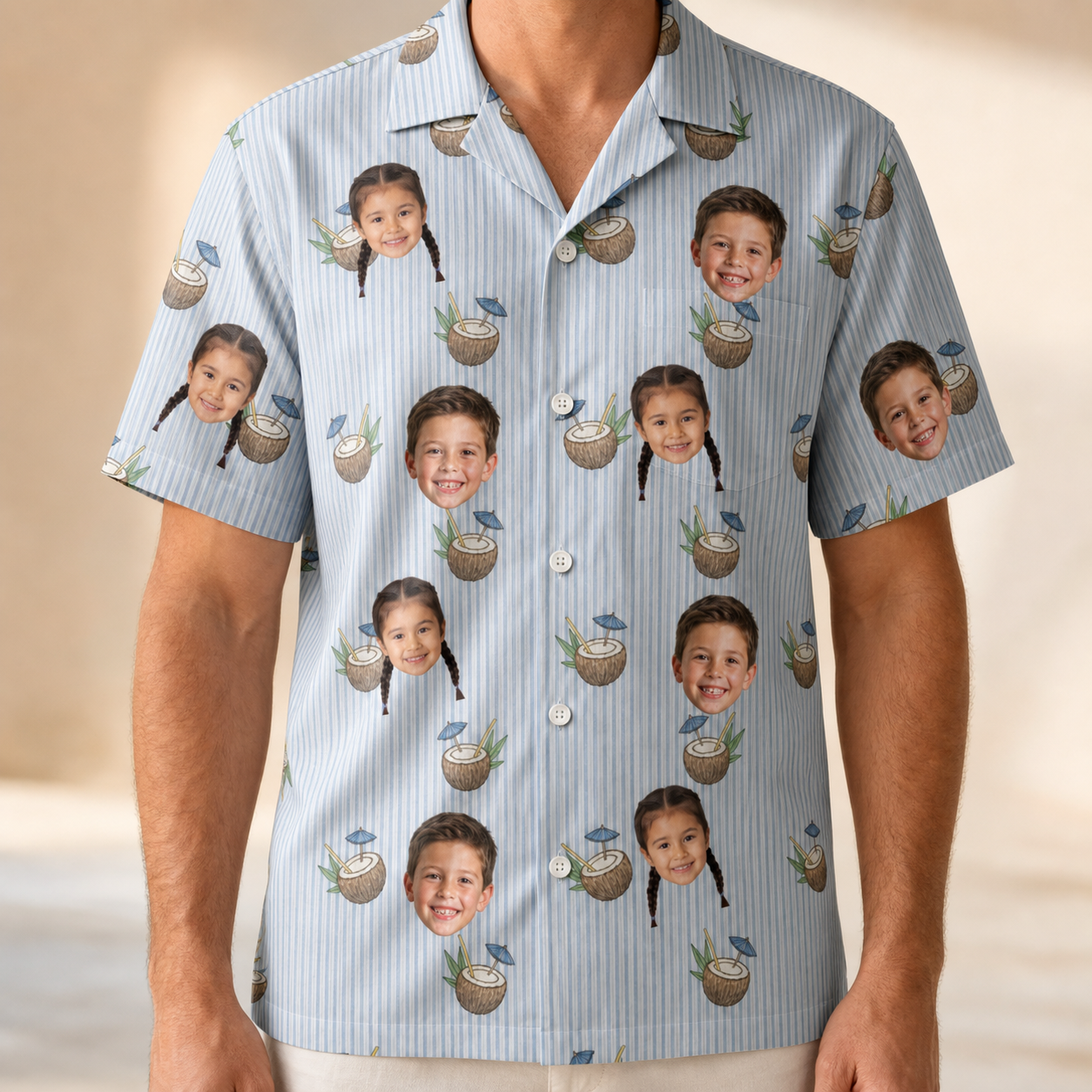 Model wearing Men's Rum Reverie Custom Face Hawaiian Shirt printed with kids' faces
