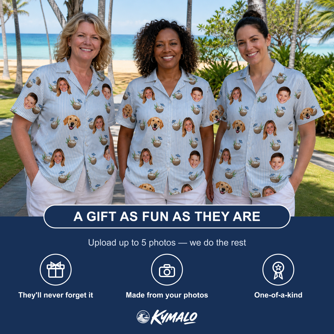 Friends in matching Women's Rum Reverie Custom Face Hawaiian Shirt — a group gift photo