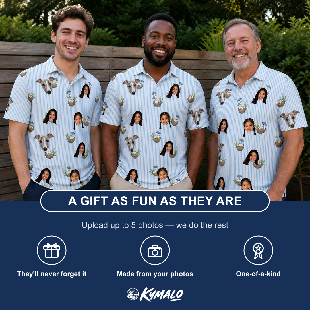 Friends in matching Men's Rum Reverie Custom Face Polo Shirt — a group gift photo