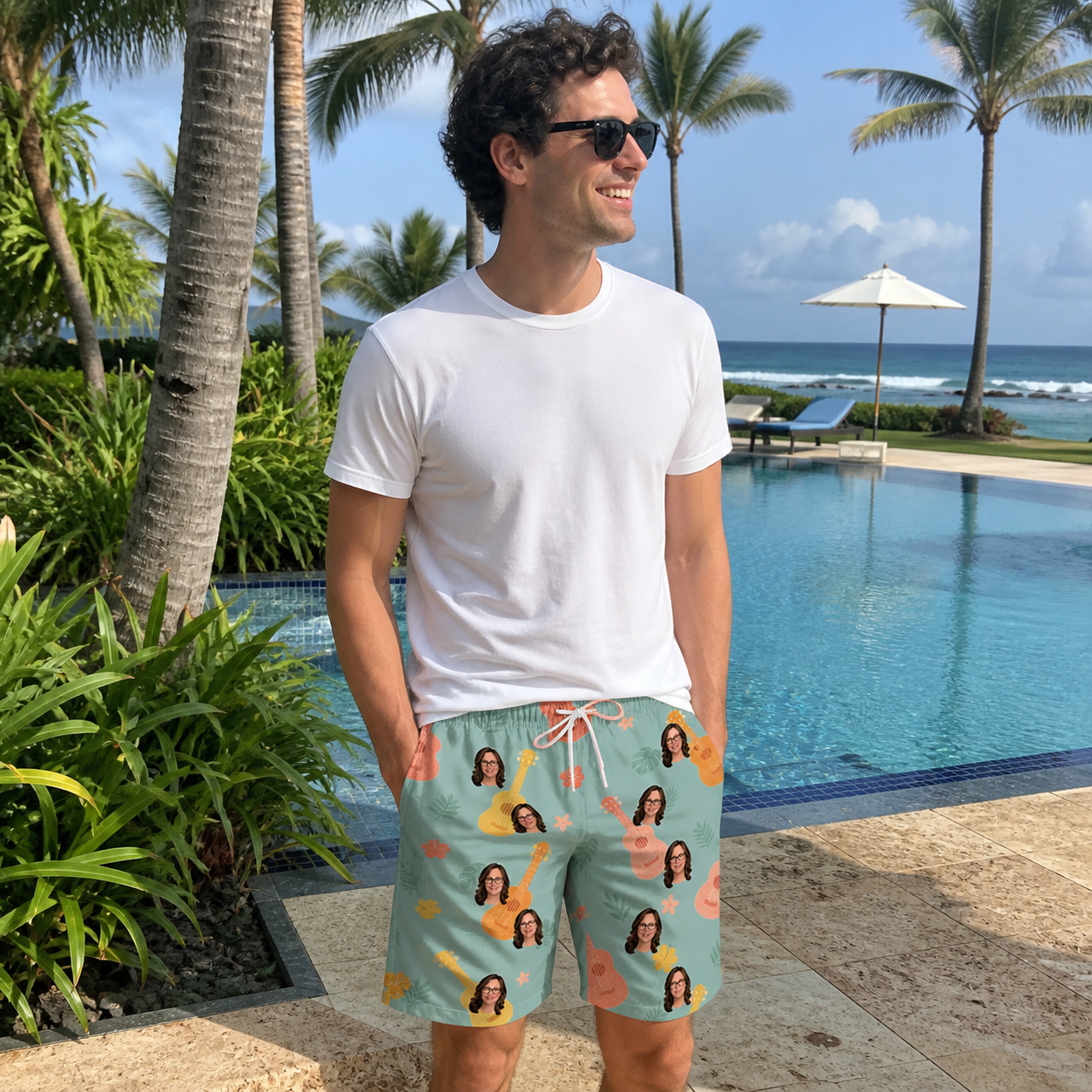 Real-life photo of someone wearing Men's Hula Harmonics Custom Face Beach Shorts — custom faces printed all-over