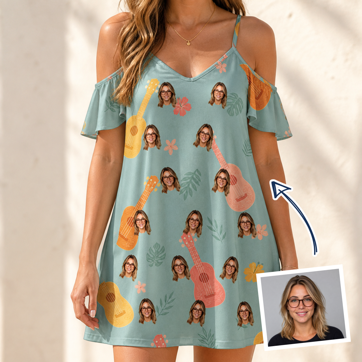Woman wearing Women's Hula Harmonics Custom Face Off-Shoulder Dress — custom faces printed all-over