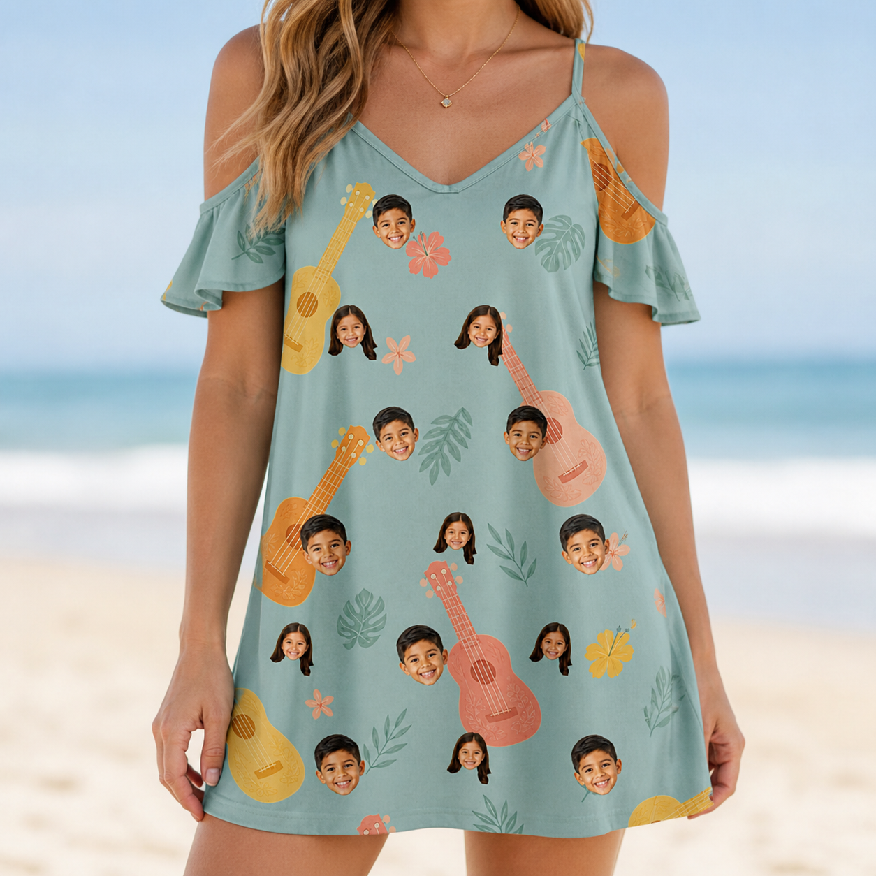 Model wearing Women's Hula Harmonics Custom Face Off-Shoulder Dress printed with kids' faces