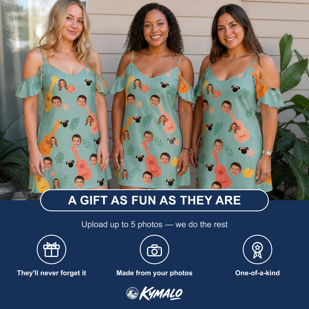 Friends in matching Women's Hula Harmonics Custom Face Off-Shoulder Dress — a group gift photo