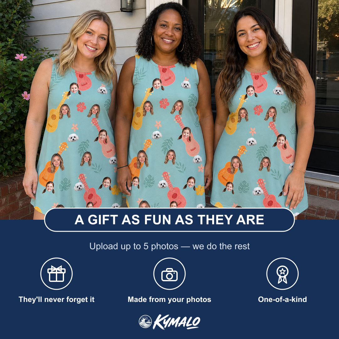 Friends in matching Women's Hula Harmonics Custom Face Tank Dress — a group gift photo