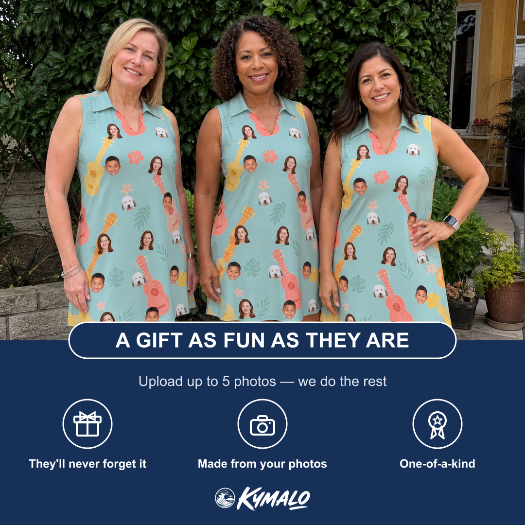 Friends in matching Women's Hula Harmonics Custom Face V-Neck Dress — a group gift photo