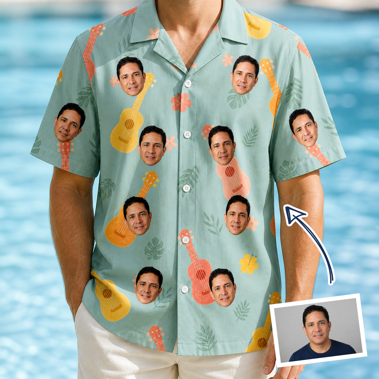 Man wearing Men's Hula Harmonics Custom Face Hawaiian Shirt — custom faces printed all-over