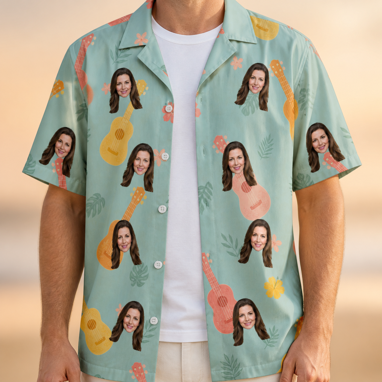 Man wearing Men's Hula Harmonics Custom Face Hawaiian Shirt open over a white tee