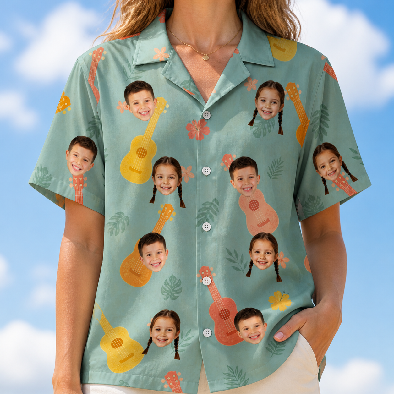 Model wearing Women's Hula Harmonics Custom Face Hawaiian Shirt printed with kids' faces