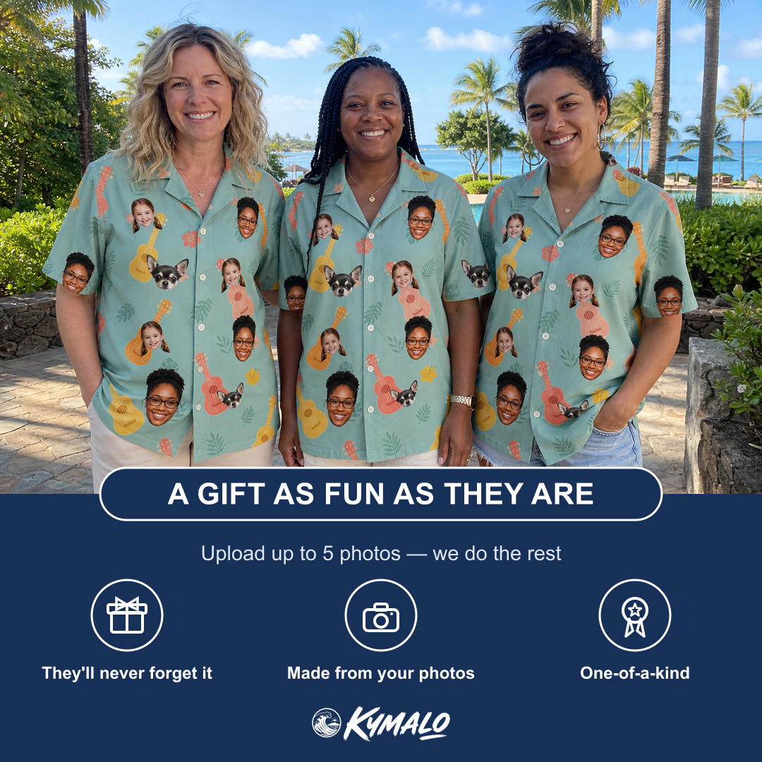 Friends in matching Women's Hula Harmonics Custom Face Hawaiian Shirt — a group gift photo