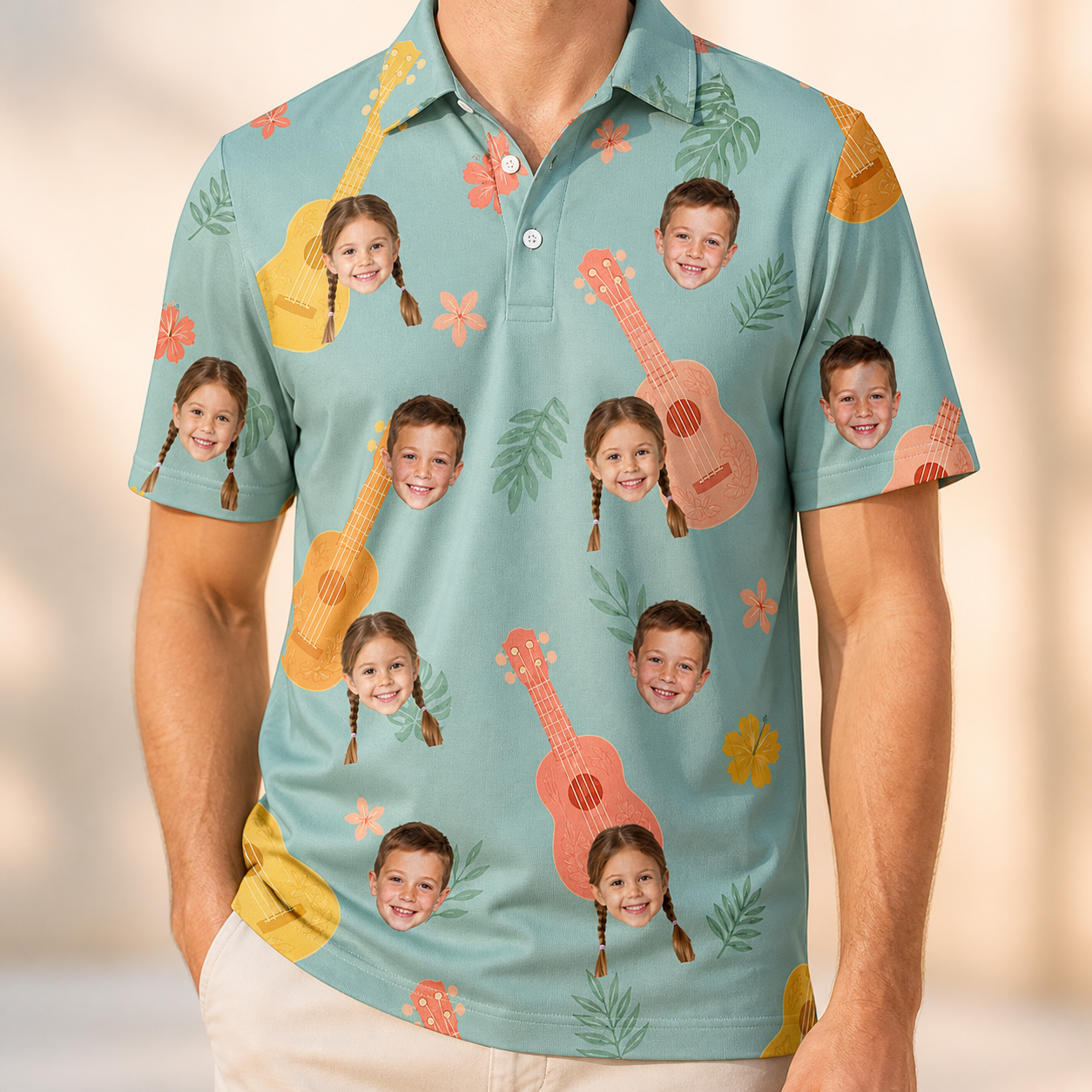 Model wearing Men's Hula Harmonics Custom Face Polo Shirt printed with kids' faces