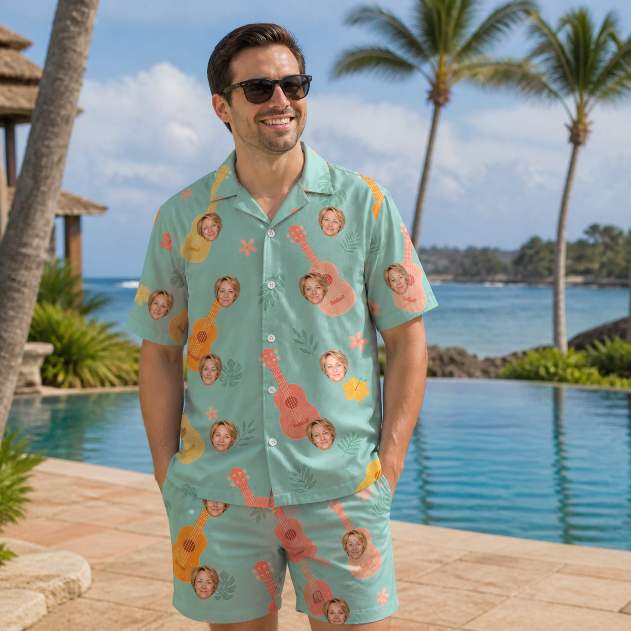 Real-life photo of someone wearing Men's Hula Harmonics Custom Face Shirt & Shorts Set — custom faces printed all-over