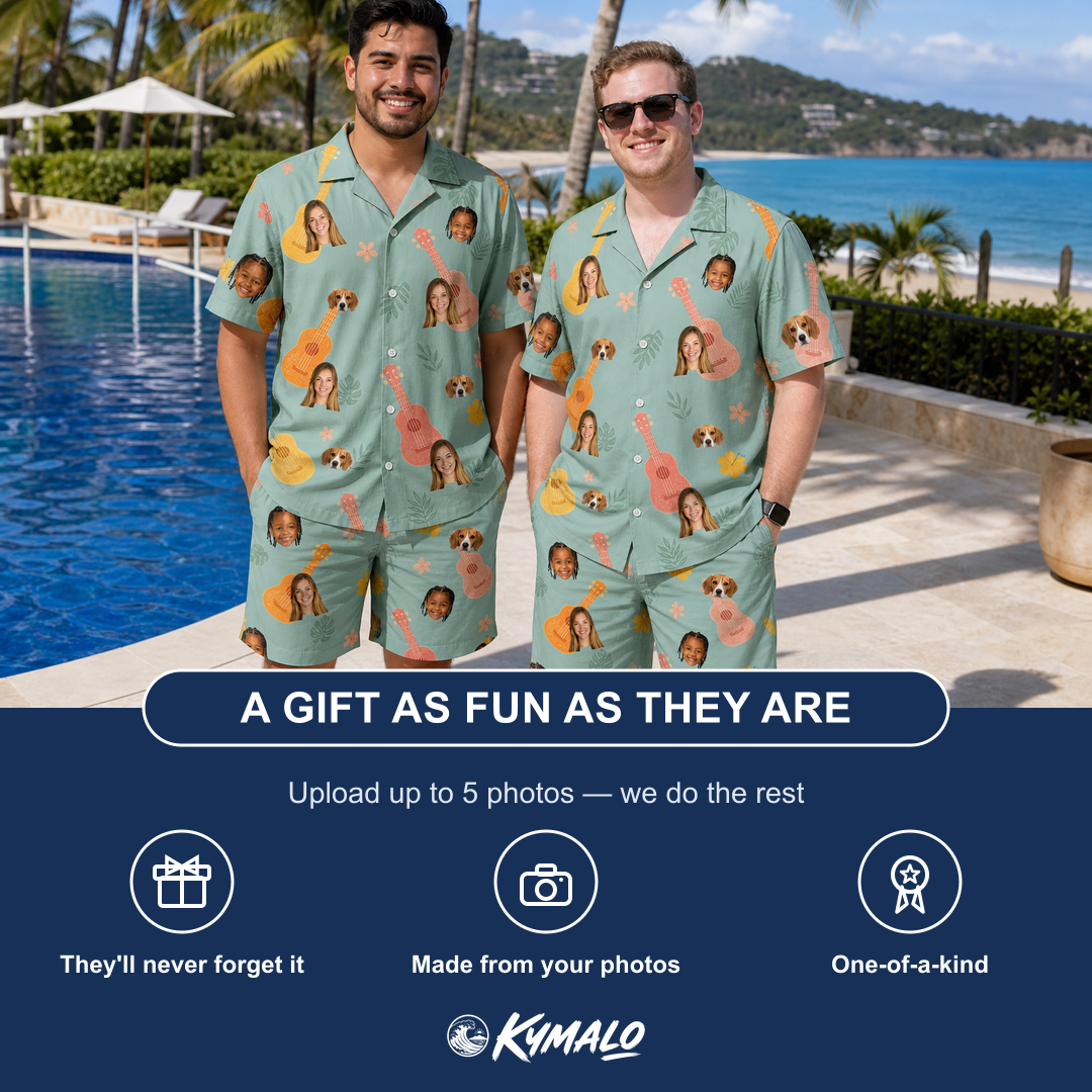 Friends in matching Men's Hula Harmonics Custom Face Shirt & Shorts Set — a group gift photo