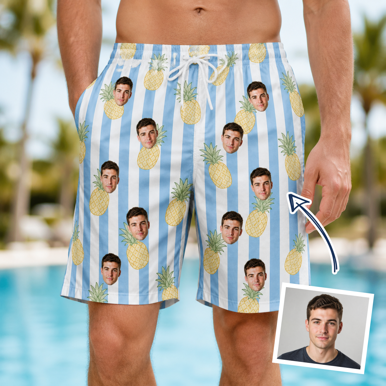 Man wearing Men's Pina Palooza Custom Face Beach Shorts — custom faces printed all-over