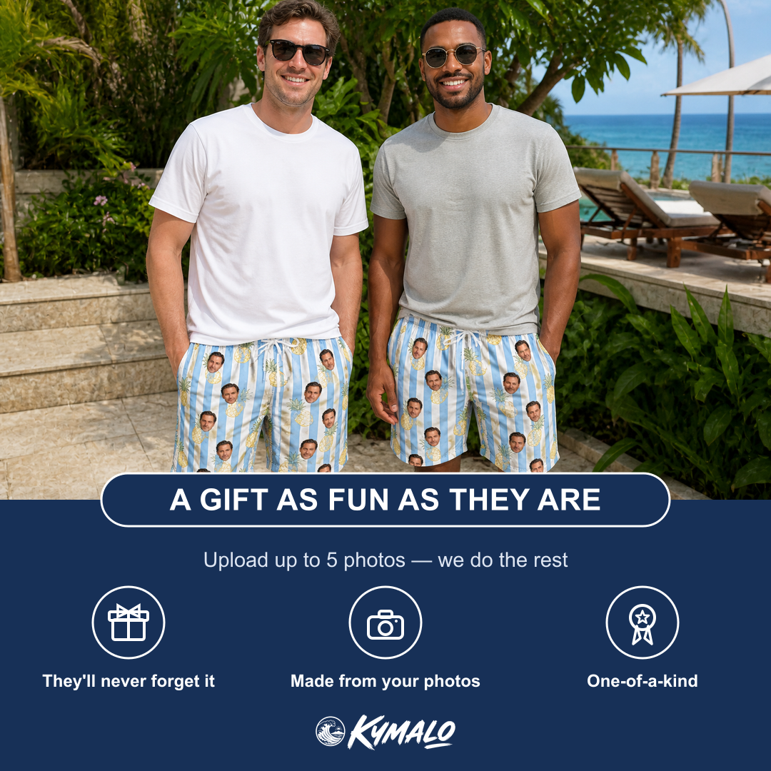 Friends in matching Men's Pina Palooza Custom Face Beach Shorts — a group gift photo