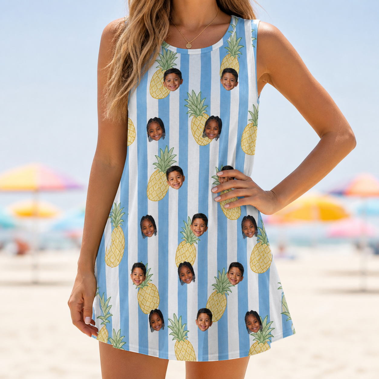 Model wearing Women's Pina Palooza Custom Face Tank Dress printed with kids' faces
