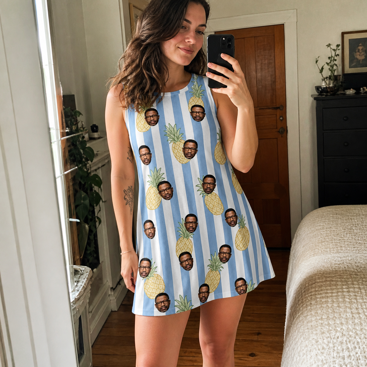 Real-life photo of someone wearing Women's Pina Palooza Custom Face Tank Dress — custom faces printed all-over