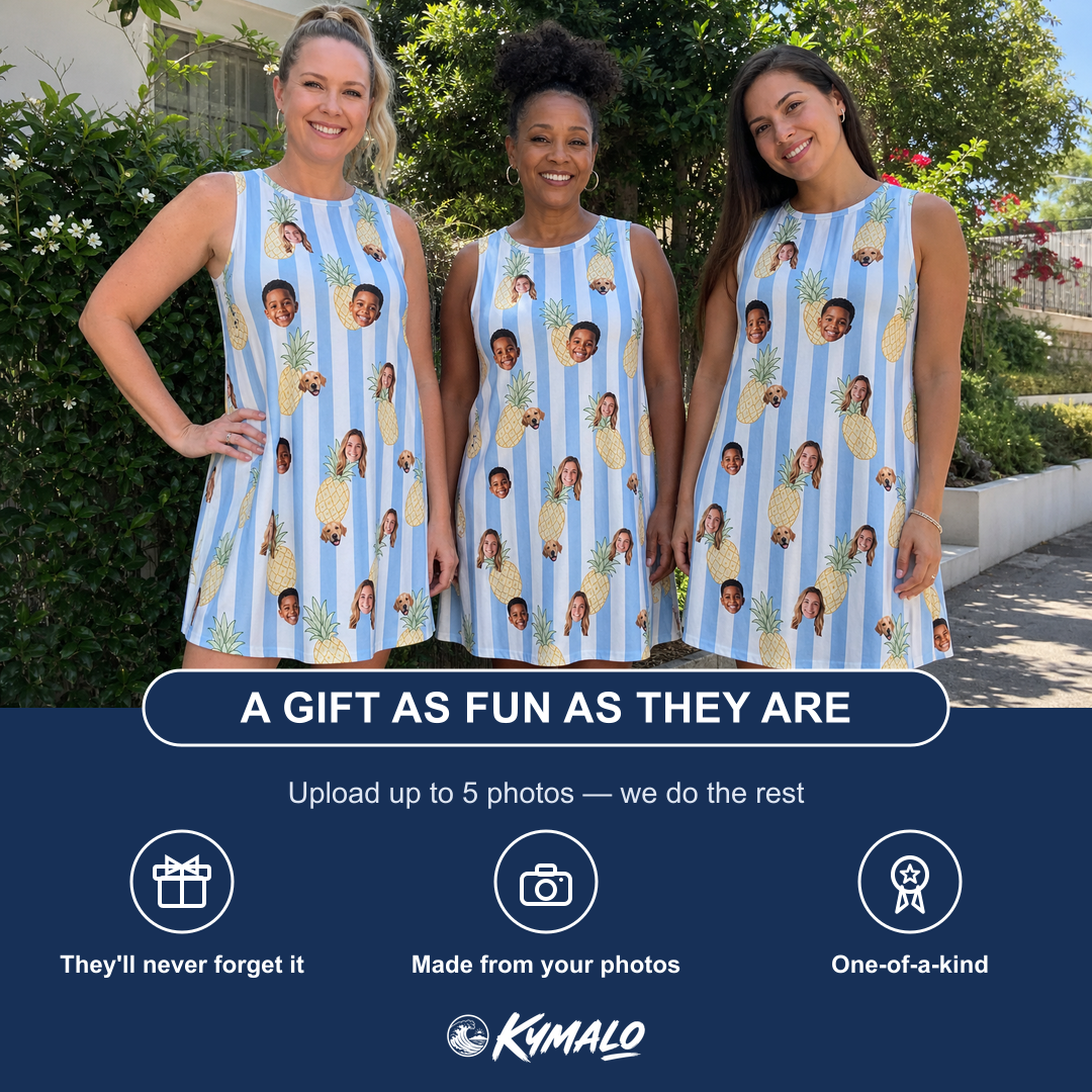 Friends in matching Women's Pina Palooza Custom Face Tank Dress — a group gift photo