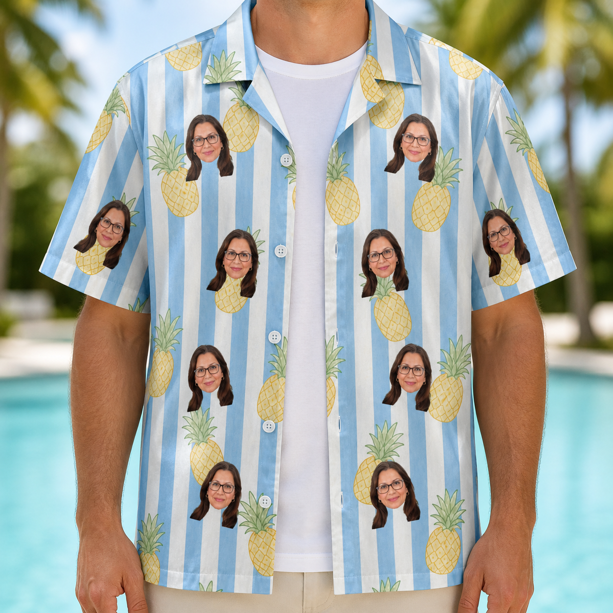 Man wearing Men's Pina Palooza Custom Face Hawaiian Shirt open over a white tee