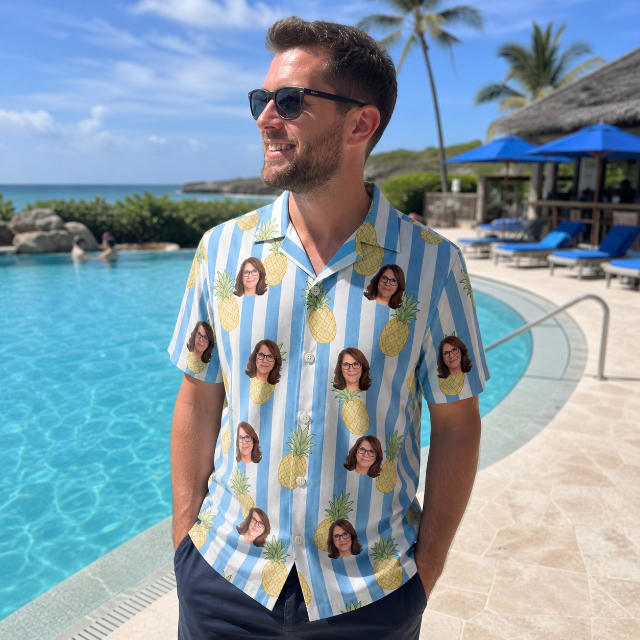 Real-life photo of someone wearing Men's Pina Palooza Custom Face Hawaiian Shirt — custom faces printed all-over