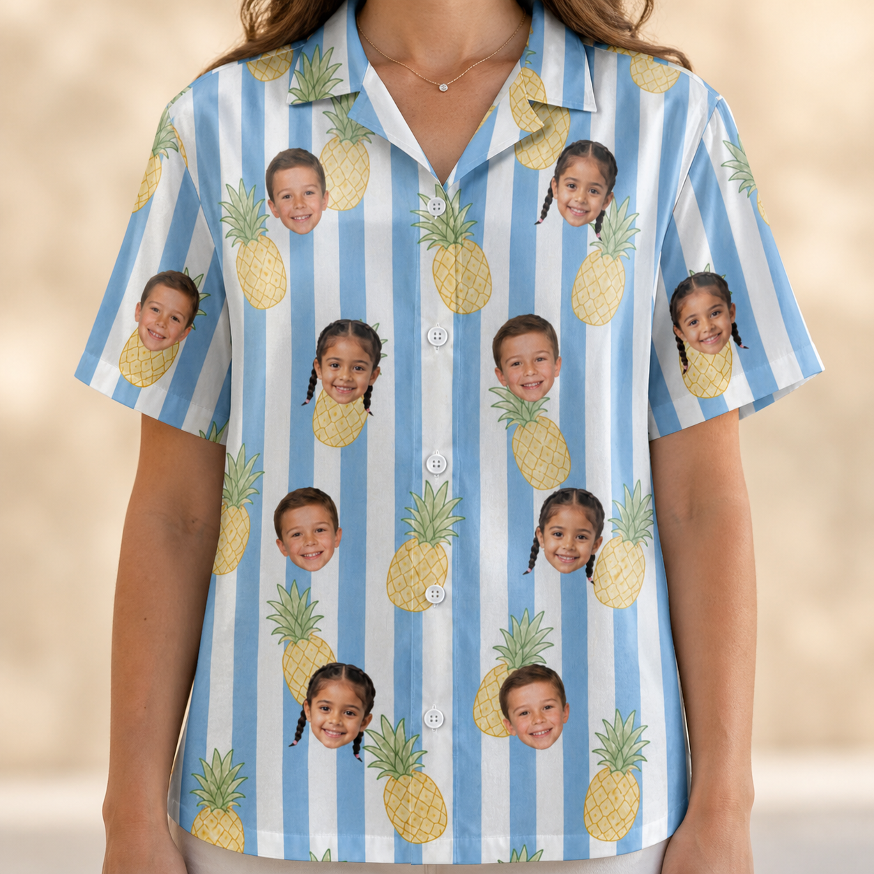 Model wearing Women's Pina Palooza Custom Face Hawaiian Shirt printed with kids' faces