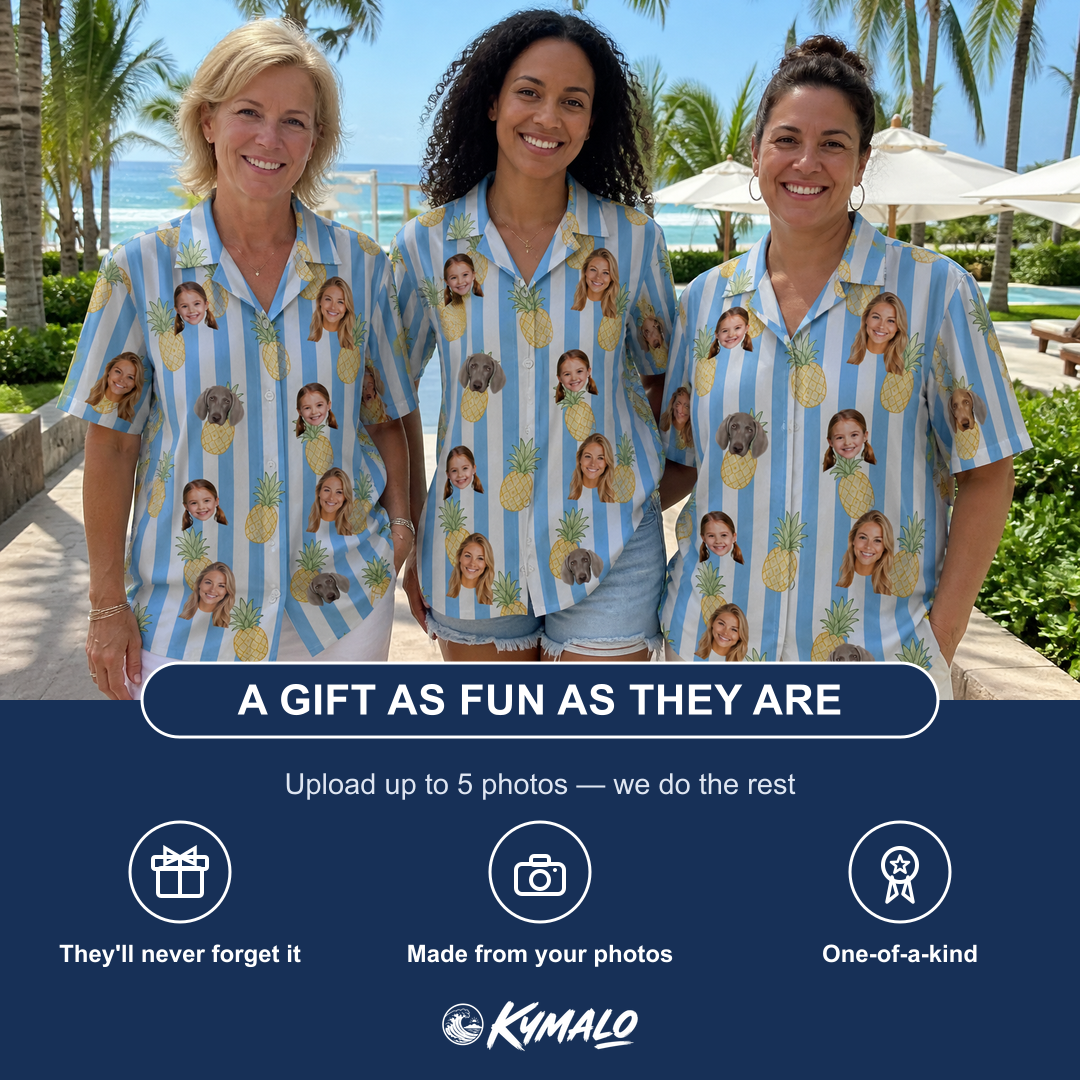 Friends in matching Women's Pina Palooza Custom Face Hawaiian Shirt — a group gift photo