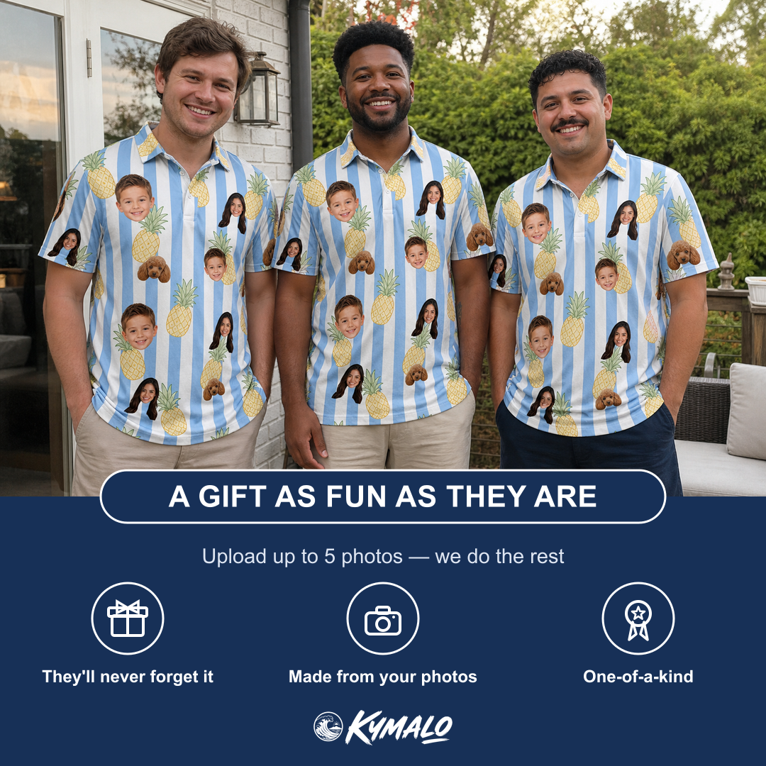 Friends in matching Men's Pina Palooza Custom Face Polo Shirt — a group gift photo
