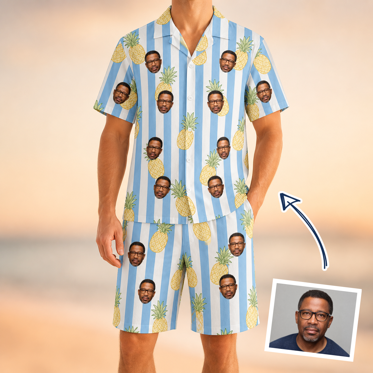 Man wearing Men's Pina Palooza Custom Face Shirt & Shorts Set — custom faces printed all-over
