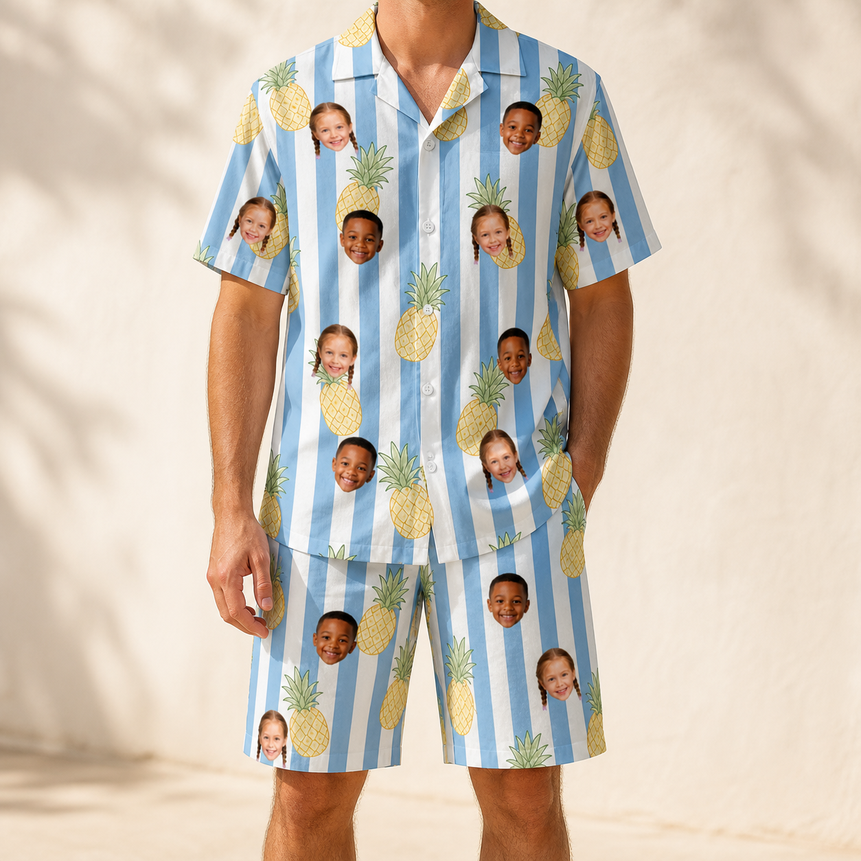 Model wearing Men's Pina Palooza Custom Face Shirt & Shorts Set printed with kids' faces