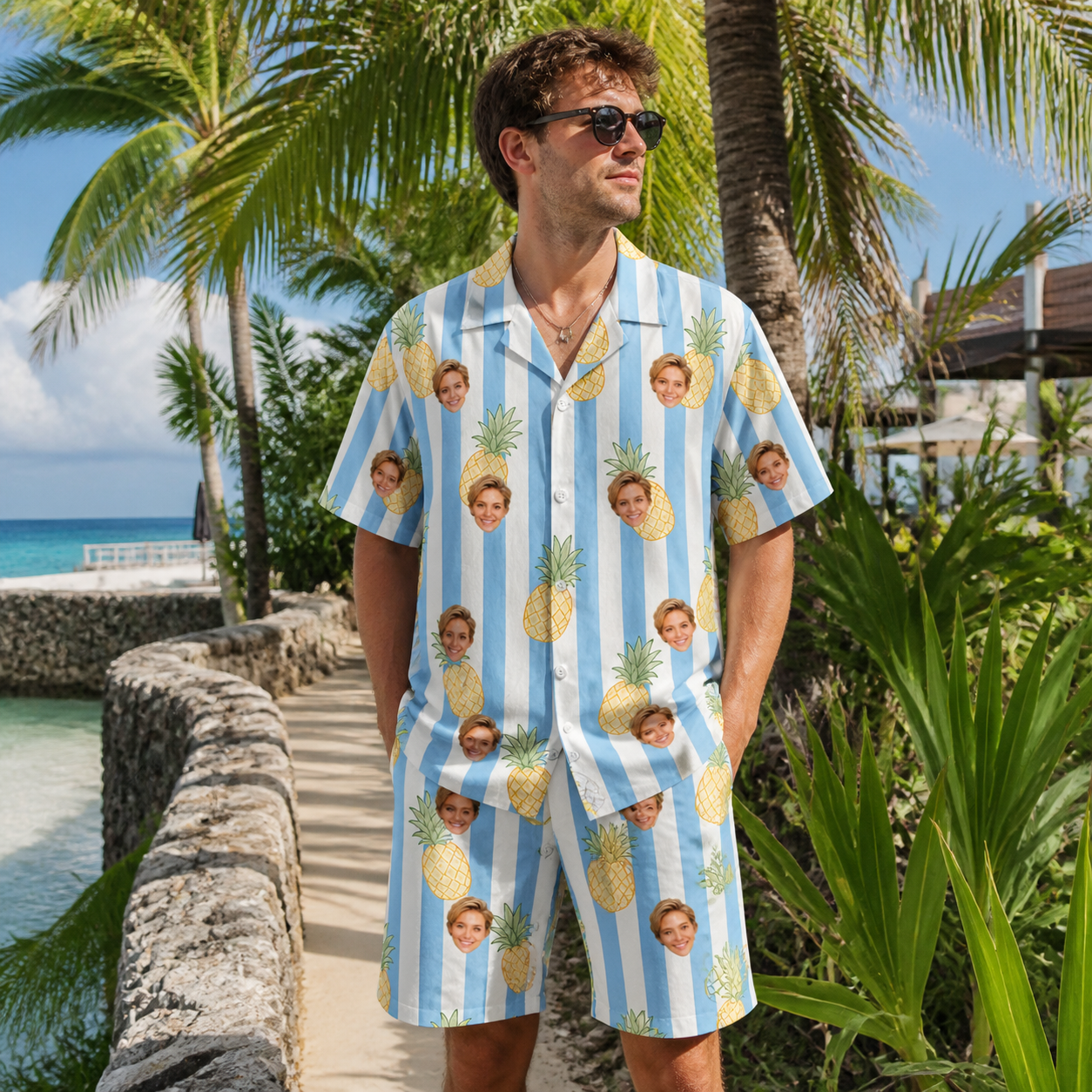 Real-life photo of someone wearing Men's Pina Palooza Custom Face Shirt & Shorts Set — custom faces printed all-over