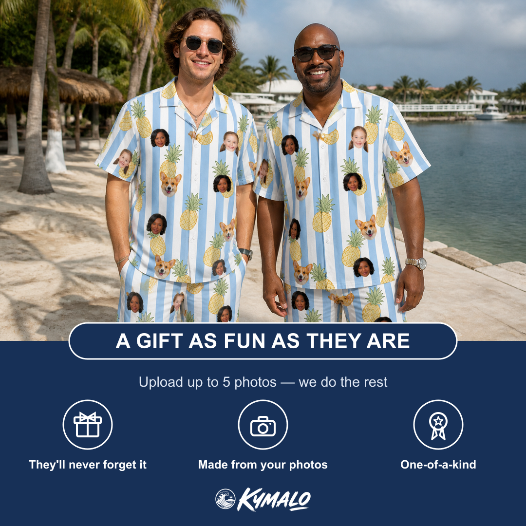 Friends in matching Men's Pina Palooza Custom Face Shirt & Shorts Set — a group gift photo