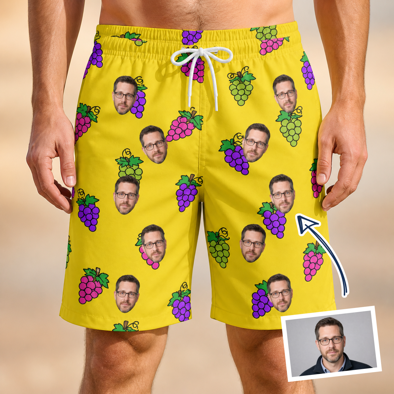 Man wearing Men's Vineyard Vibes Custom Face Beach Shorts — custom faces printed all-over
