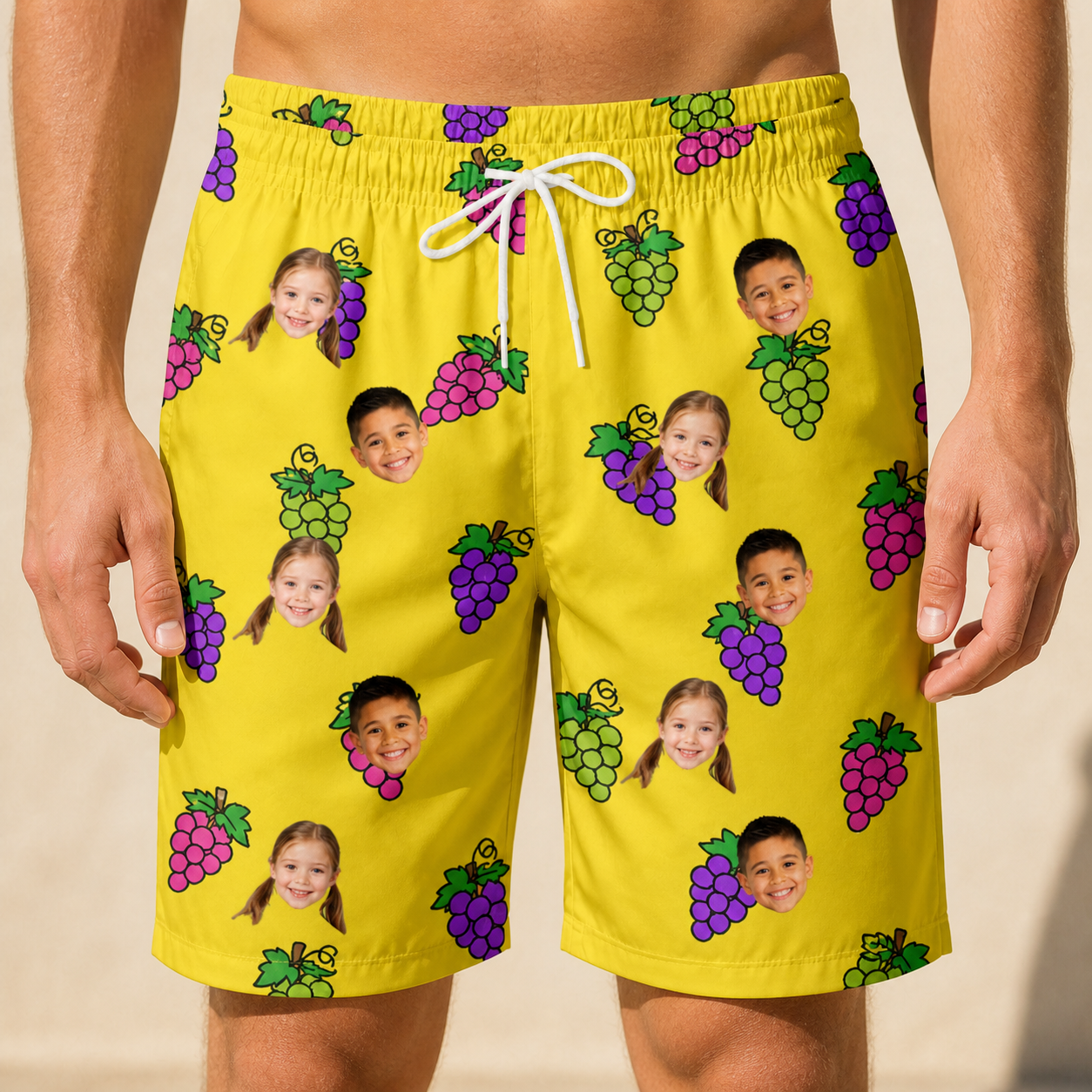Model wearing Men's Vineyard Vibes Custom Face Beach Shorts printed with kids' faces