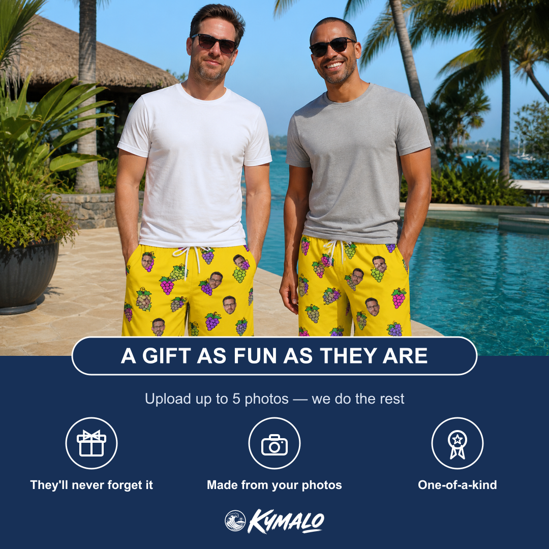 Friends in matching Men's Vineyard Vibes Custom Face Beach Shorts — a group gift photo