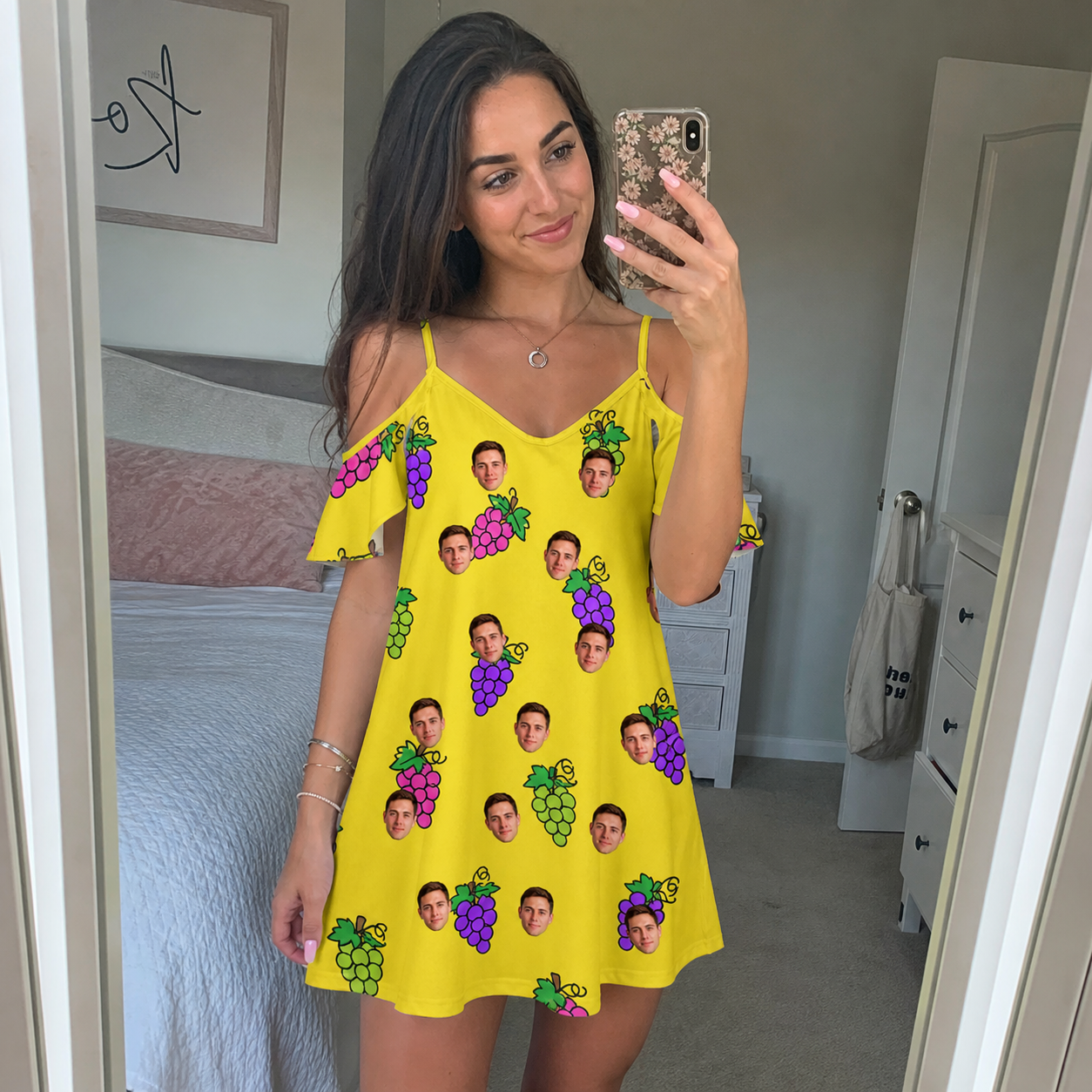 Real-life photo of someone wearing Women's Vineyard Vibes Custom Face Off-Shoulder Dress — custom faces printed all-over