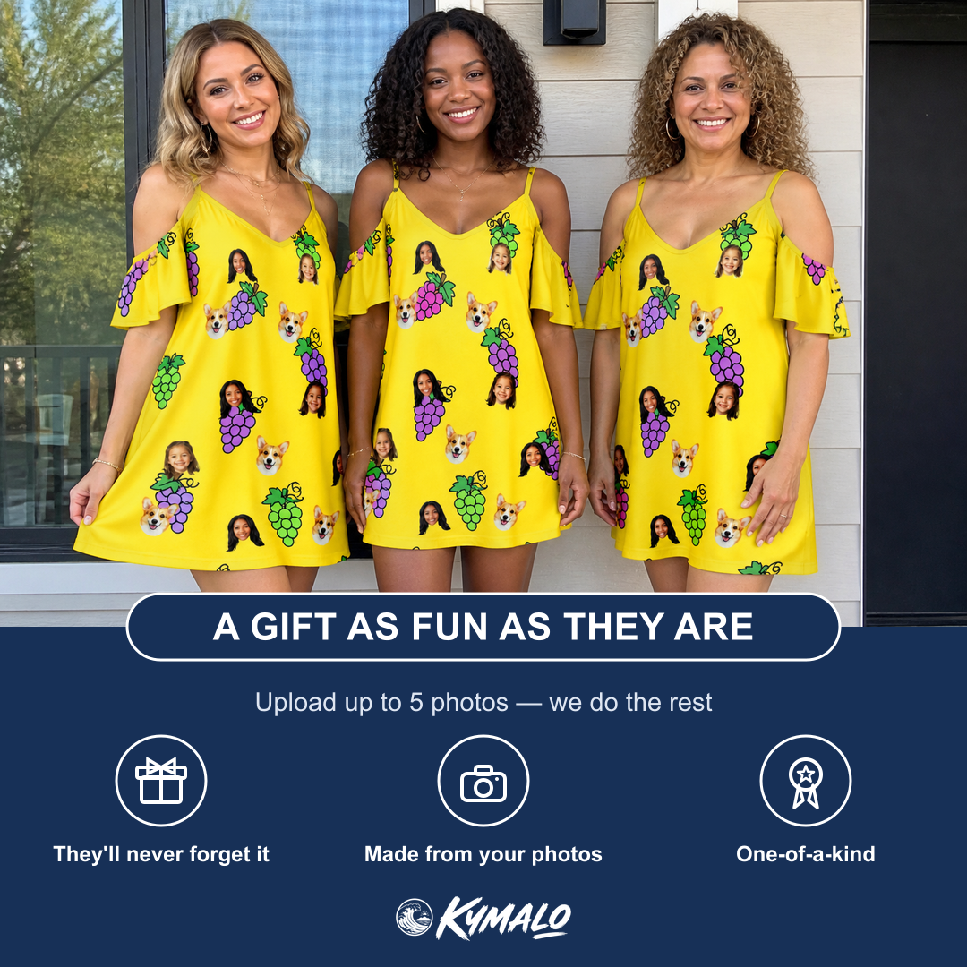 Friends in matching Women's Vineyard Vibes Custom Face Off-Shoulder Dress — a group gift photo
