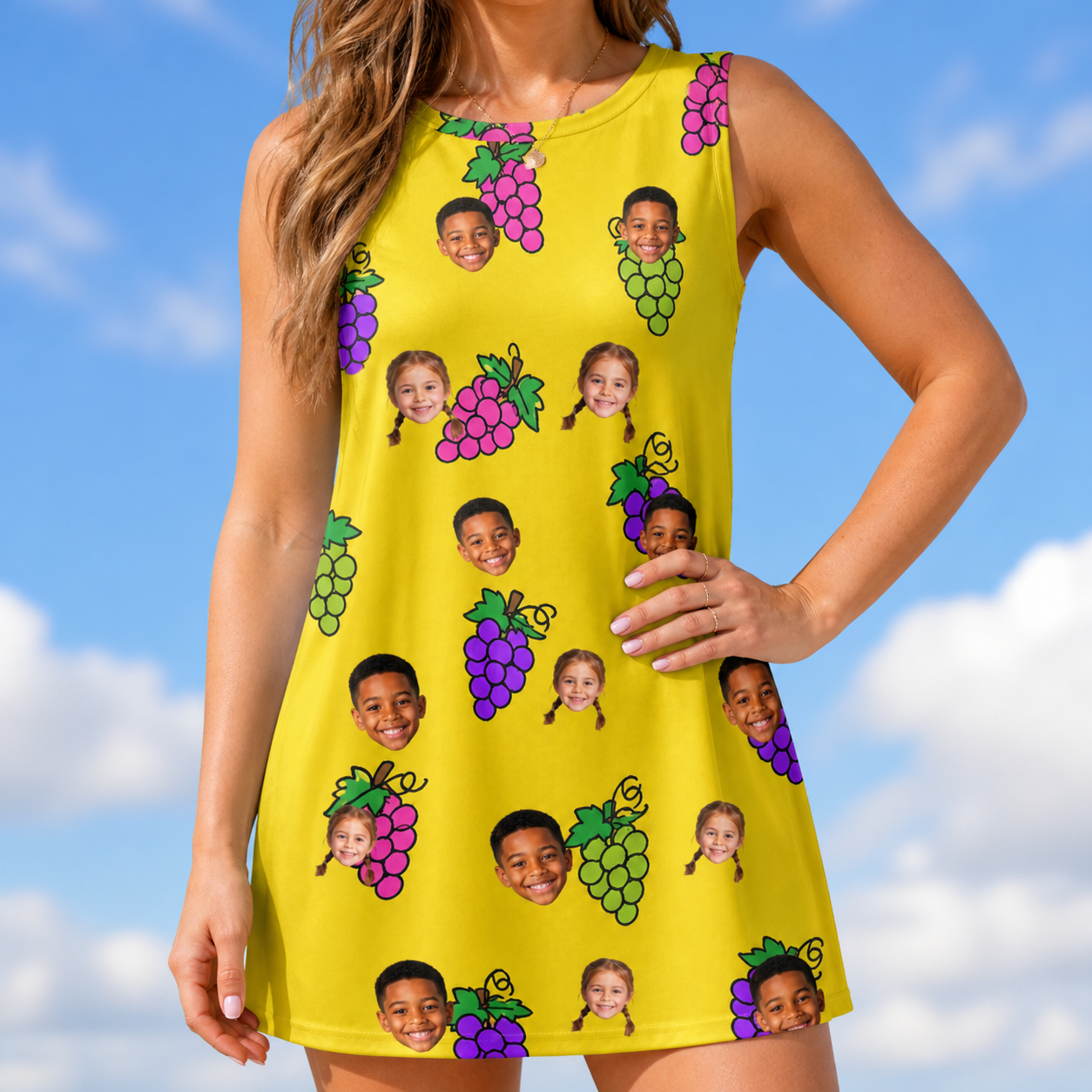 Model wearing Women's Vineyard Vibes Custom Face Tank Dress printed with kids' faces