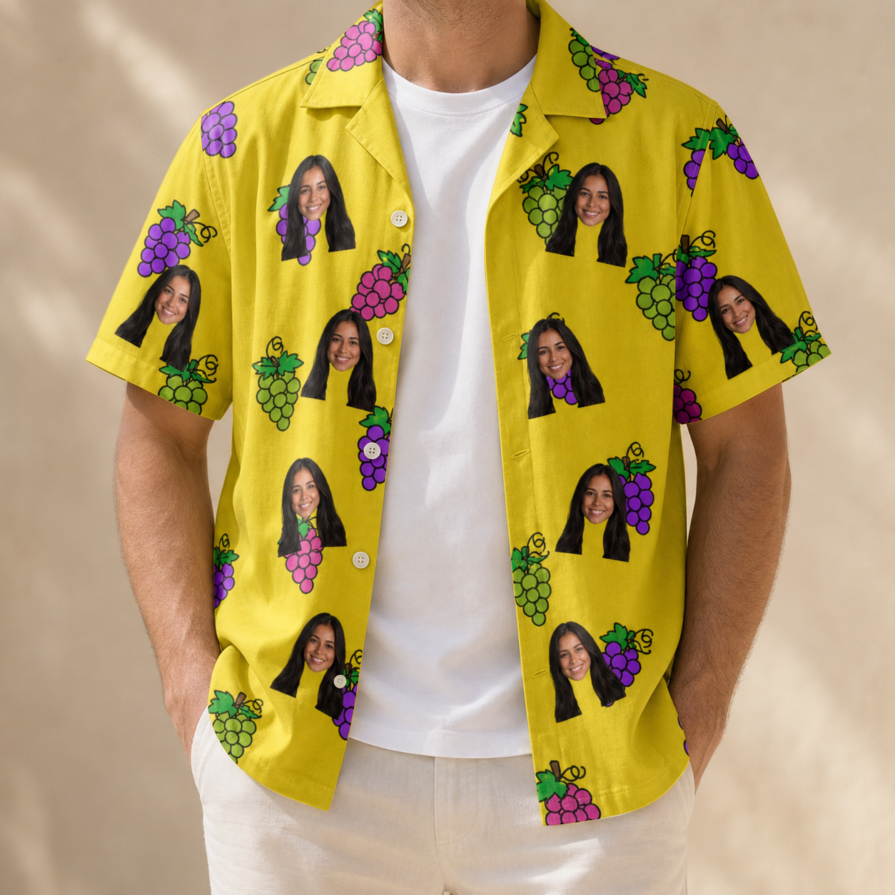 Man wearing Men's Vineyard Vibes Custom Face Hawaiian Shirt open over a white tee