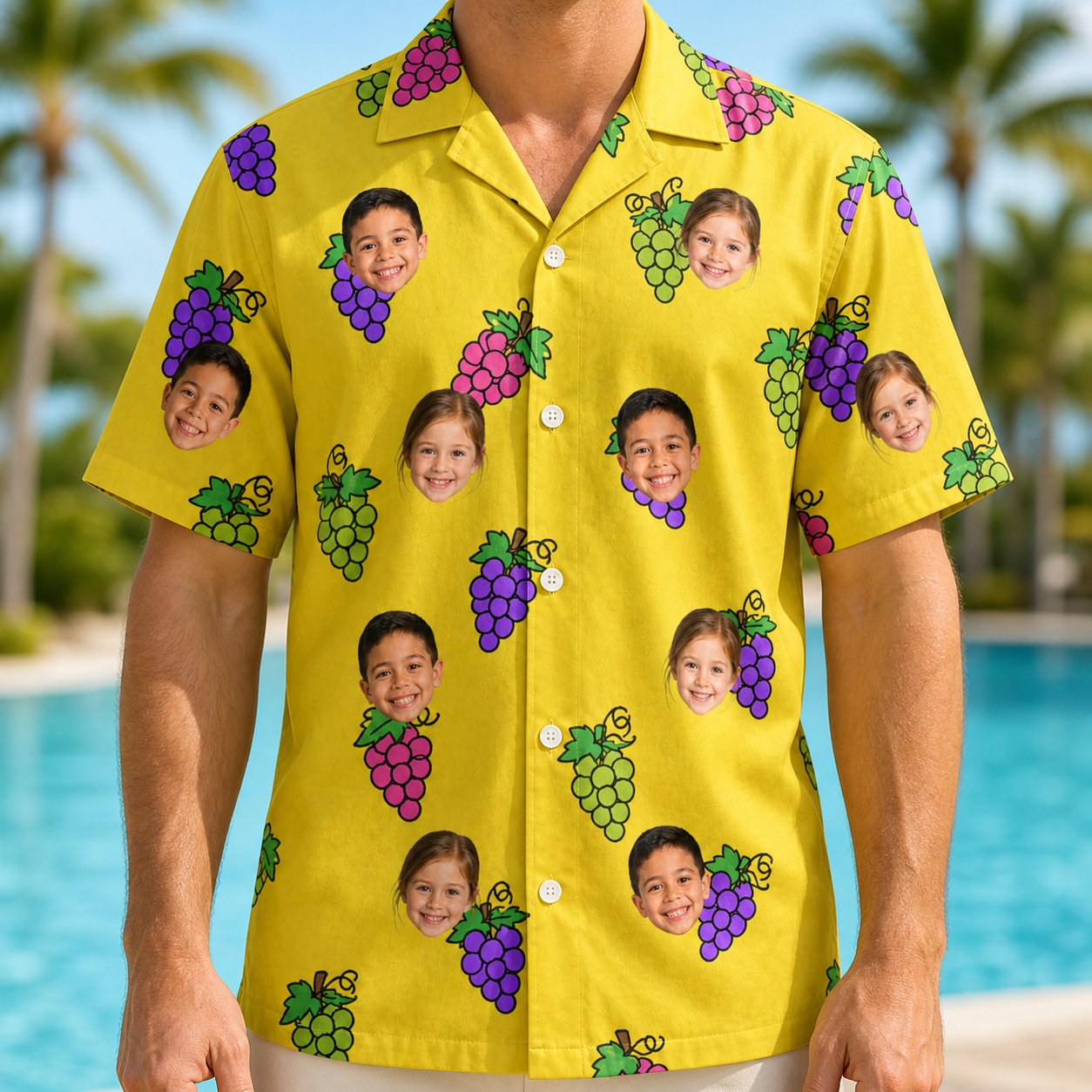 Model wearing Men's Vineyard Vibes Custom Face Hawaiian Shirt printed with kids' faces