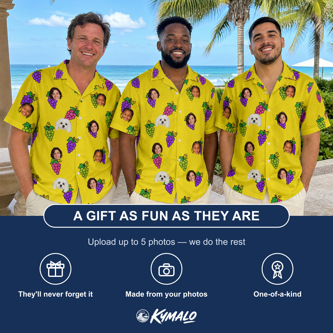 Friends in matching Men's Vineyard Vibes Custom Face Hawaiian Shirt — a group gift photo