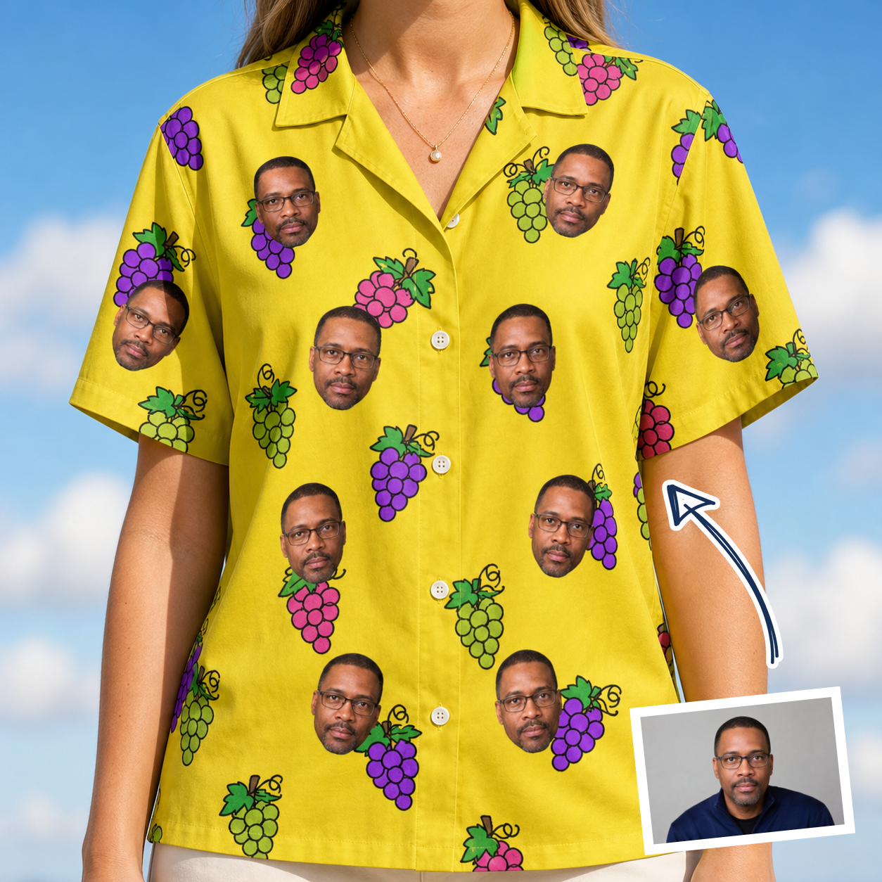 Woman wearing Women's Vineyard Vibes Custom Face Hawaiian Shirt — custom faces printed all-over