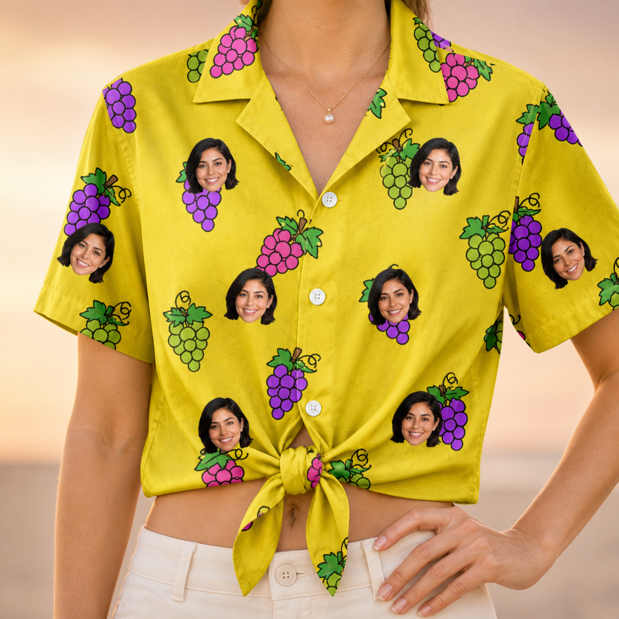 Woman wearing Women's Vineyard Vibes Custom Face Hawaiian Shirt tied at the waist