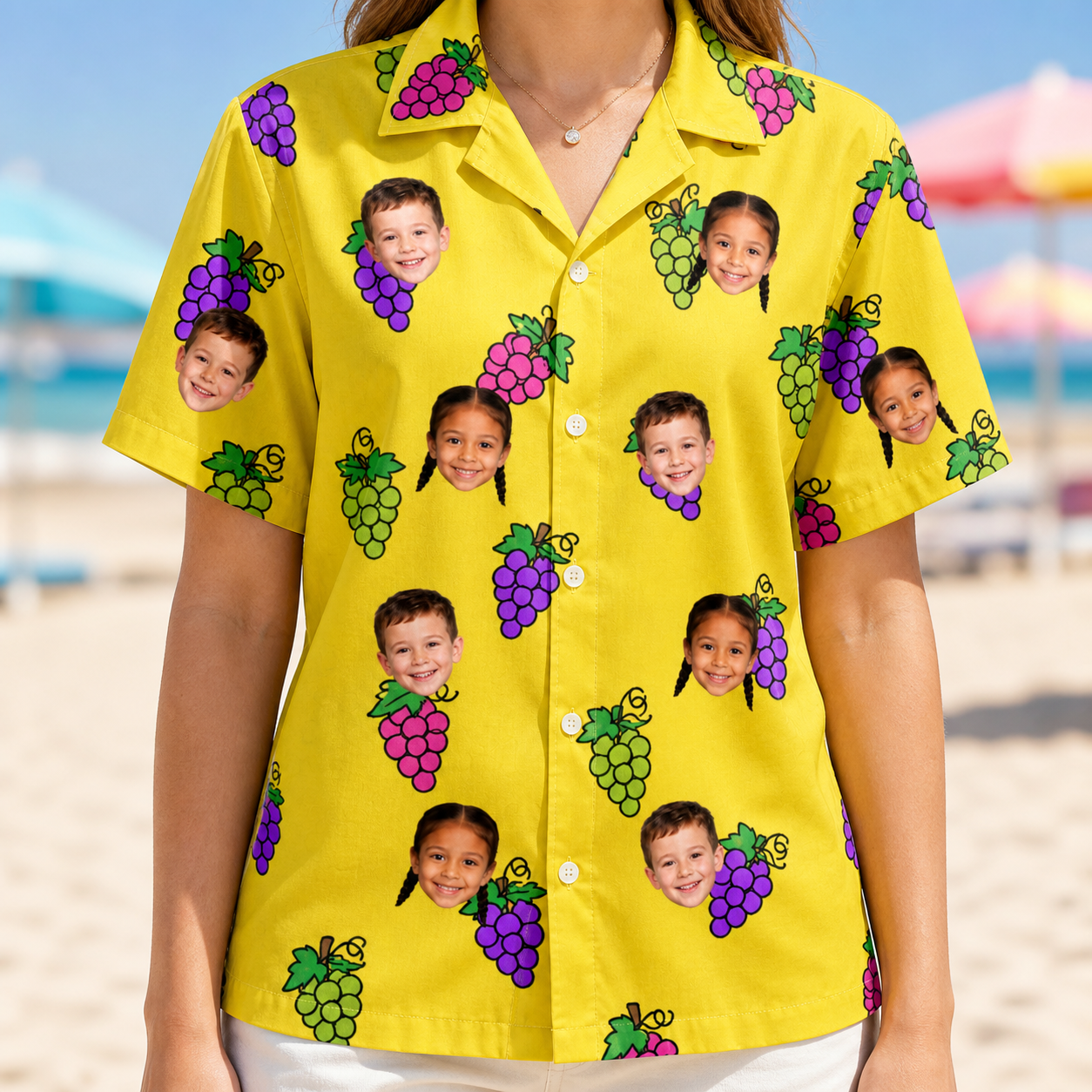 Model wearing Women's Vineyard Vibes Custom Face Hawaiian Shirt printed with kids' faces