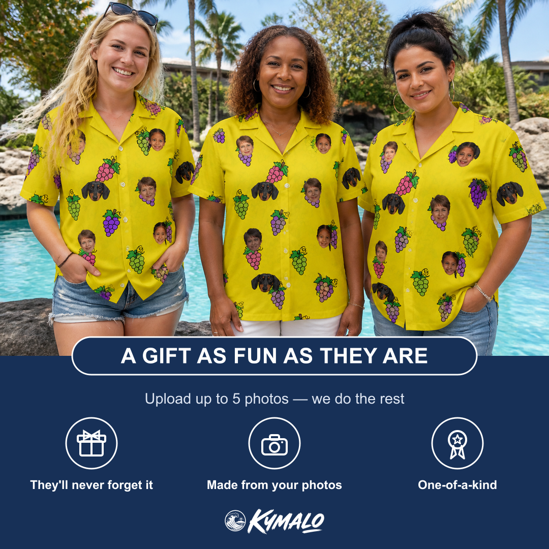 Friends in matching Women's Vineyard Vibes Custom Face Hawaiian Shirt — a group gift photo