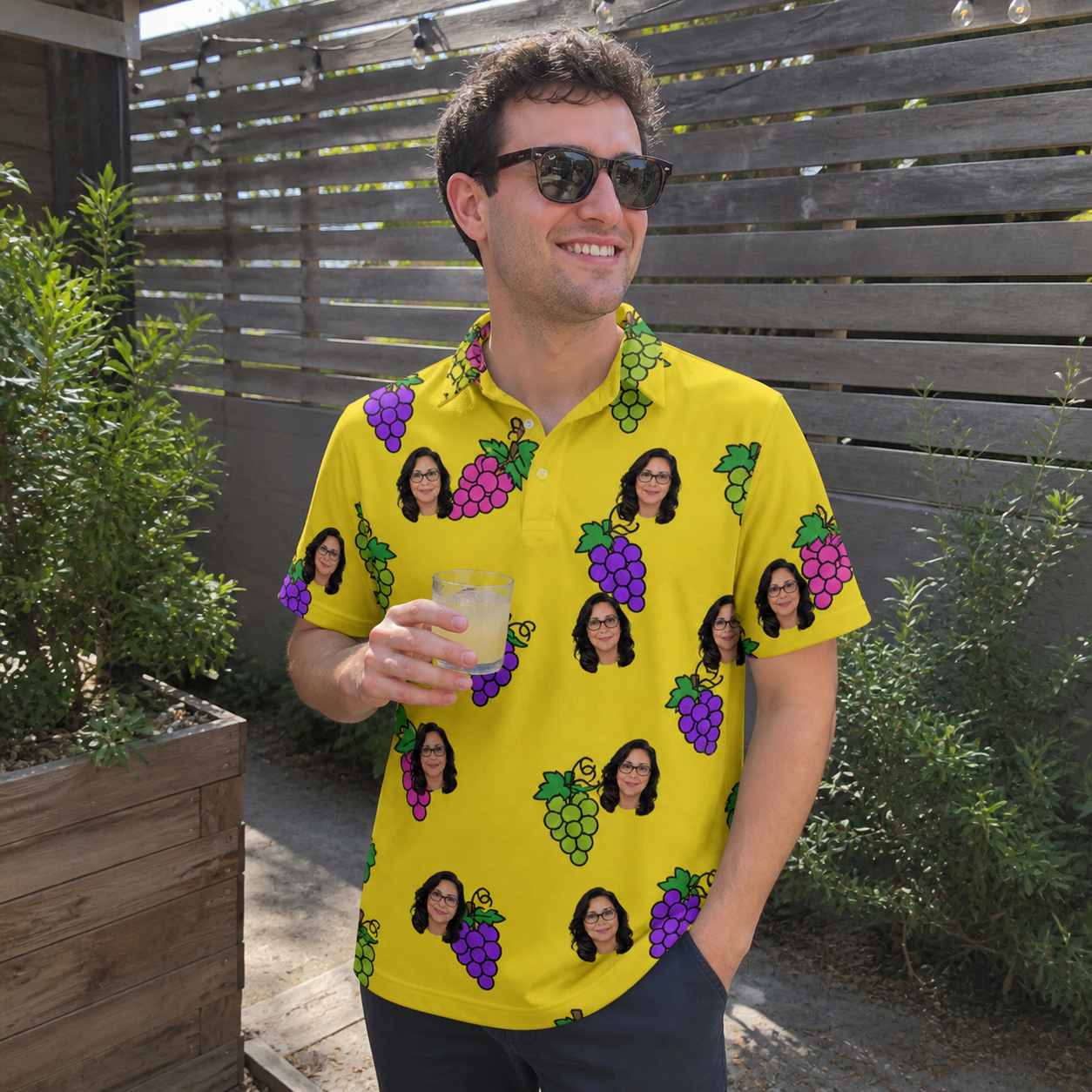 Real-life photo of someone wearing Men's Vineyard Vibes Custom Face Polo Shirt — custom faces printed all-over