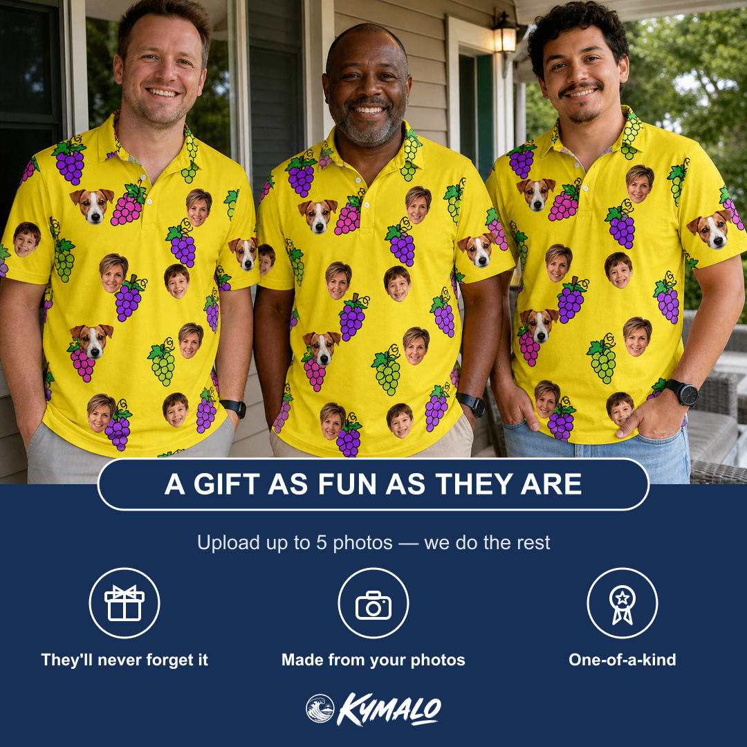 Friends in matching Men's Vineyard Vibes Custom Face Polo Shirt — a group gift photo